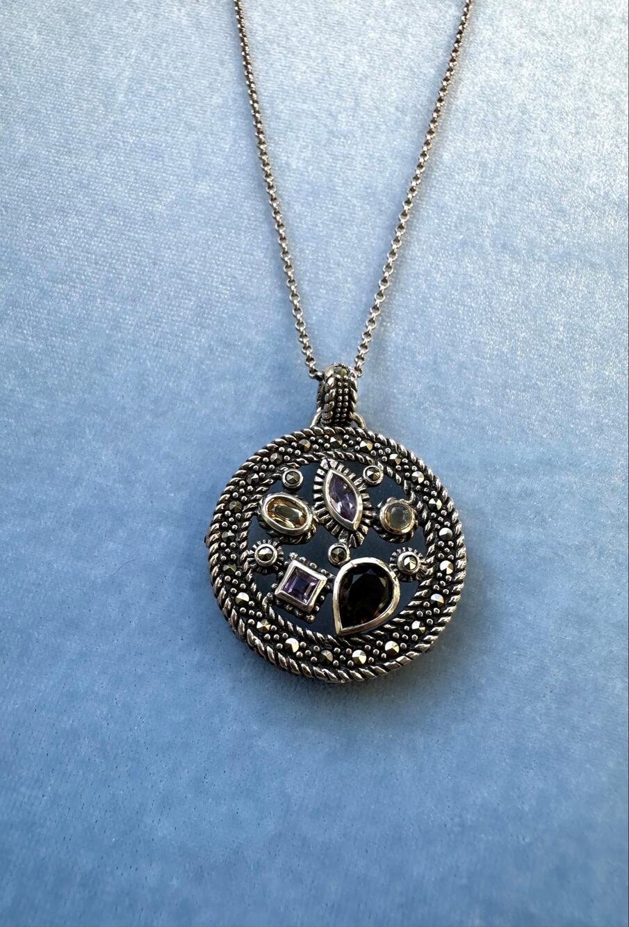 Vintage MS CO Sterling Silver Multi Gemstone Marcasite Round Pendant Necklace